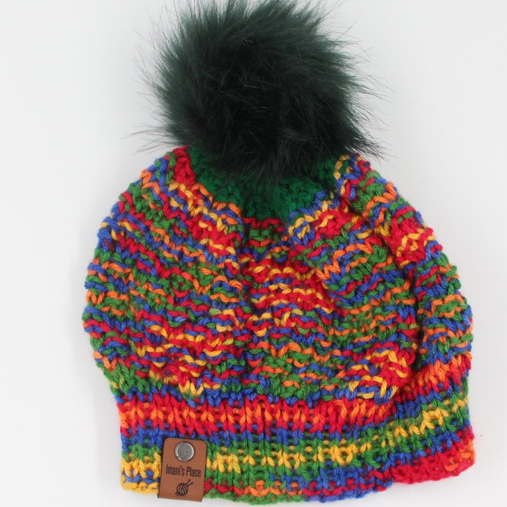 Handmade Hand Knit Multicolour Double Moss Stitch Knit Beanie with Green Pom Pom